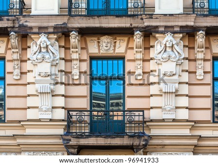 Fragment of Art Nouveau architecture style of Riga city Royalty-Free Stock Photo #96941933