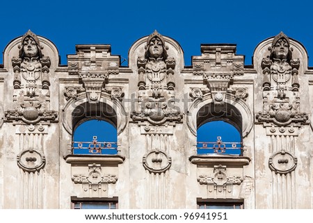 Fragment of Art Nouveau architecture style of Riga city Royalty-Free Stock Photo #96941951