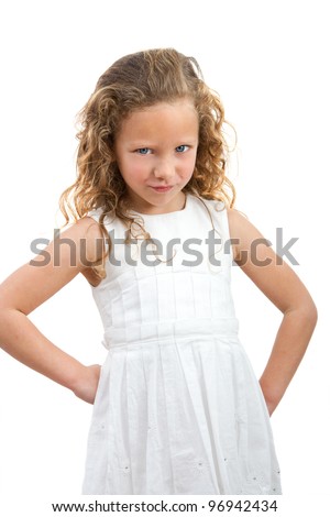 Portrait of  little girl with angry face expression. Isolated on white background.