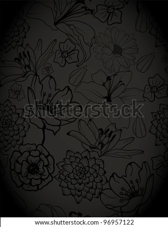 Monochrome Seamless Floral Pattern With Hand-Drawn Flowers