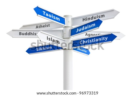Major religions of the world on a crossroads sign. Featuring: Christianity, Islam and Judaism Royalty-Free Stock Photo #96973319