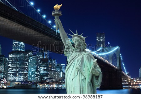 Brooklyn Bridge, tribute in light and The Statue of Liberty at Night Lights, New York City