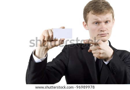 a man shows, a business card isolated on a white background