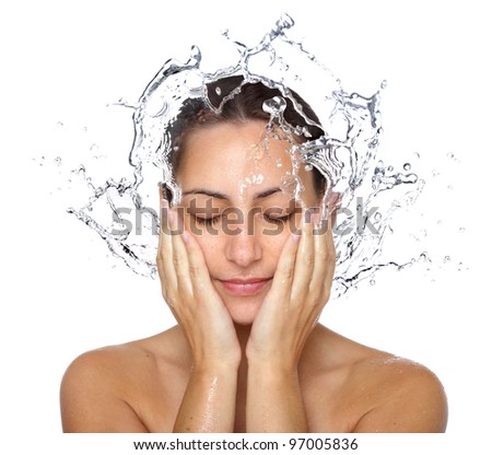 Beautiful wet woman face with water drop. Close-up portrait on white background Royalty-Free Stock Photo #97005836