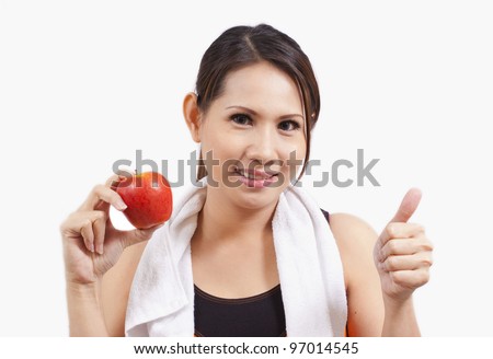 happy young woman holding apple with deal sign