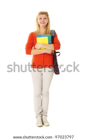Happy student girl with books, isolated on white