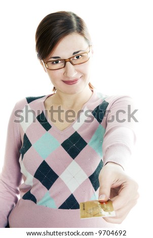 girl with a credit card in a hand. Isolation on white