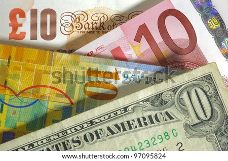 dollar, franc, euro, pound currency from usa, Europe, swiss, england Royalty-Free Stock Photo #97095824