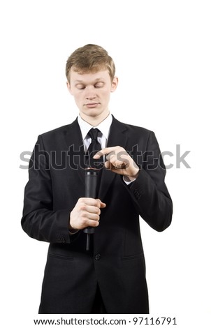 the guy knocks on the microphone isolated on a white background