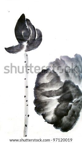 A single lotus flower and leave in Summer--traditional Chinese brush painting