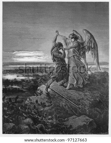 Jacob wrestles with the angel - Picture from The Holy Scriptures, Old and New Testaments books collection published in 1885, Stuttgart-Germany. Drawings by Gustave Dore.