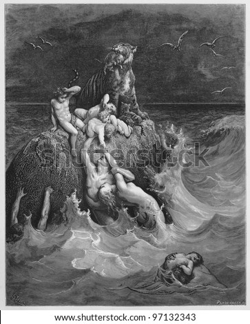 The Deluge - Picture from The Holy Scriptures, Old and New Testaments books collection published in 1885, Stuttgart-Germany. Drawings by Gustave Dore.