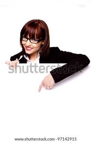 Businesswoman with blank white board with copy space for you text. Businesswoman promoting.