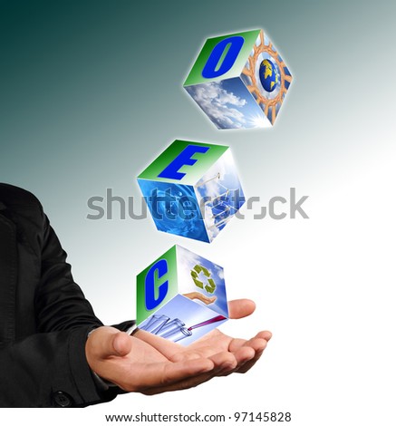Business man hand holding with recycle symbol image ,neture image and ceo alphabet