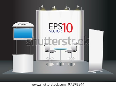 Vector Blank trade exhibition stand with screen, counter, seats, roll-up banner and lights