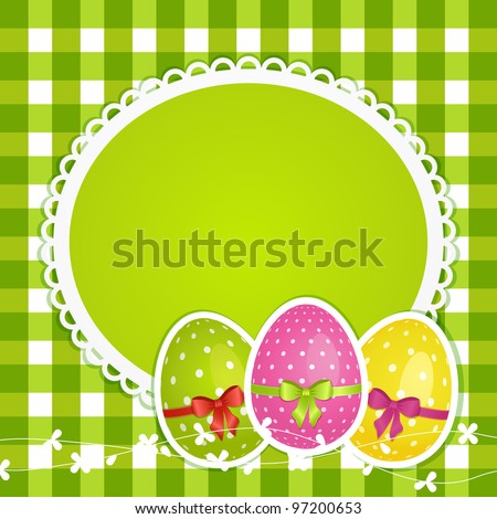 Easter egg background with ribbons and bows on a decorative border against green gingham