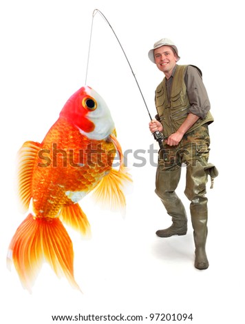 The fisherman with his big Goldfish. Successful business concept.
