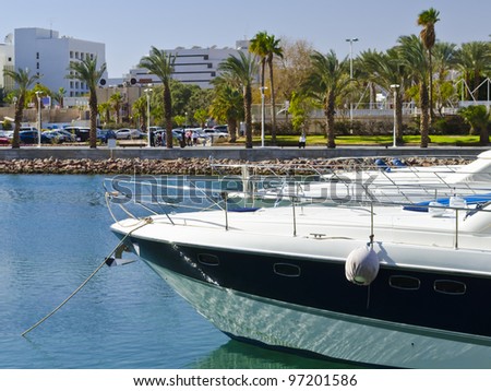 Moored yachts and a new promenade in Eilat - popular resort city in Israel