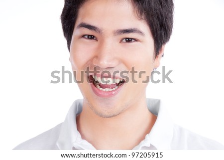 Happy young asian man isolated on white background.