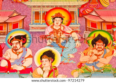 Chinese art on the walls of the temple. Nakhon Pathom Province, Thailand.