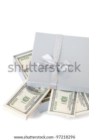 Close-up of gift box with one hundred dollar bills, white background