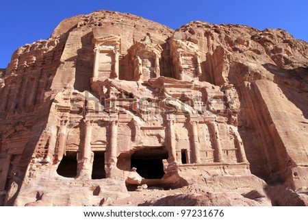 Petra, Lost rock city of Jordan. Petra's temples, tombs, theaters and other buildings are scattered over 400 square miles. UNESCO world heritage site and one of The New 7 Wonders of the World.