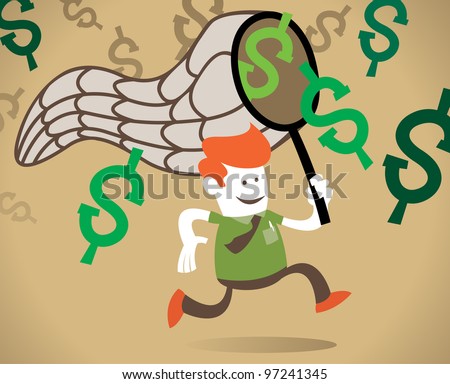 Vector illustration of Retro Corporate Guy chasing the illusive dollar with his GIGANTIC net.