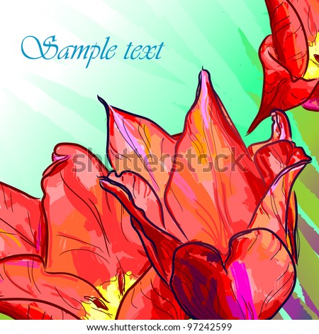 Floral background, greeting card. Tulip flowers.