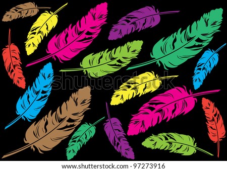 abstract vector background with funny colorful bird feathers isolated on black background