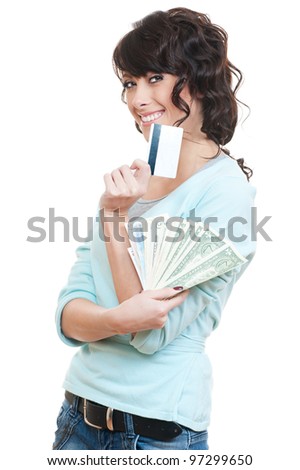 studio picture of smiley woman with credit card and cash over white background