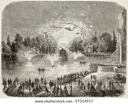 Feast with fireworks given by Emperor Napoleon III in Fontainebleau castle in occasion of the conquest of Puebla, Mexico. Created by Janet-Lange after Moullin, published on L'Illustration, Paris, 1863