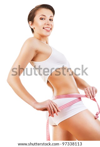 cute sporty girl after training on white background
