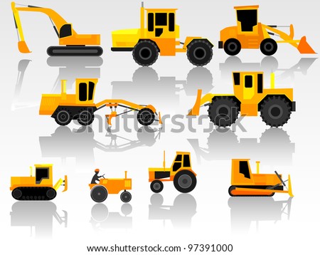 Set of simple icon of road engineering transportation: tractors, bulldozers, excavators and grader.