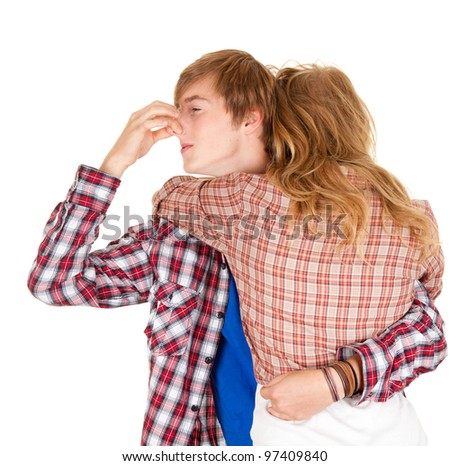 hugging woman and man, she smells hideously