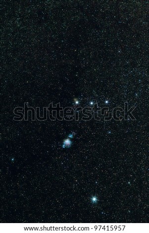 Astronomy photo: lower part of the Orion constellation with stars, great nebula M42 and other deep space objects. Exposure 860 sec. Night sky. Space and Universe.