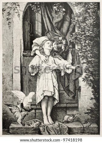Kiss on the cheek from behind, old illustration. After painting of Echtler, published on magasin Pittoresque, Paris, 1882