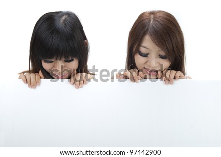 asian girls with blank sign, isolated on white background