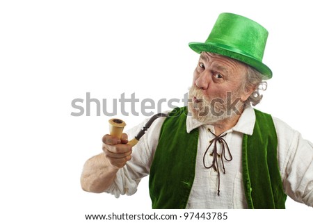 Irish leprechaun with white beard, top hat, and green velvet vest. He holds up curved pipe, raises eyebrows, purses lips and tilts head. Isolated on white, horizontal layout with copy space.