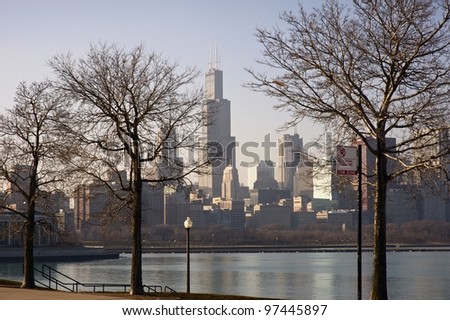 Dry Winter in Chicago. Downtown Chicago Skyline. Picture Taken From Adler Planetarium Lakefront. Calm Lake Michigan.