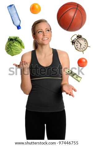 Young woman juggling healthy lifestyle isolated over white background