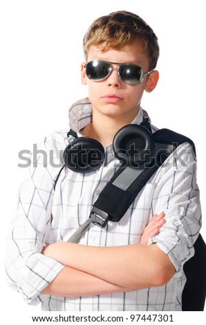 teenager boy with sunglasses and headphones on white background