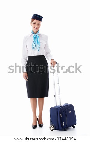 Stewardess with a suitcase on a white background