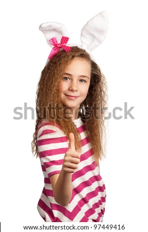 Portrait of happy girl with bunny ears isolated on white background