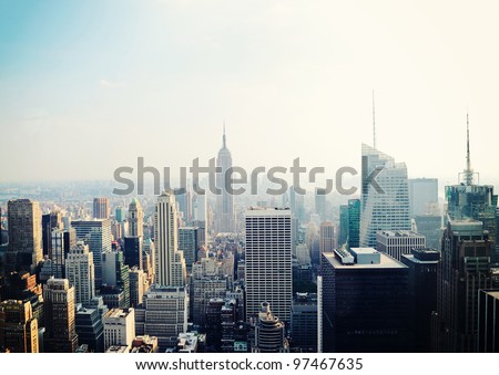 New York City Manhattan skyline aerial view with Empire State building in the fog Royalty-Free Stock Photo #97467635