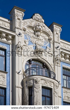 Fragment of Art Nouveau architecture style of Riga city (Jugenstil). Royalty-Free Stock Photo #97471409