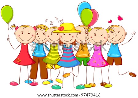 illustration of happy kids standing with balloon