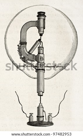 Electricity Exposition (1882, Paris): Reynier's lamp prototype. By unidentified author, published on Magasin Pittoresque, Paris, 1882