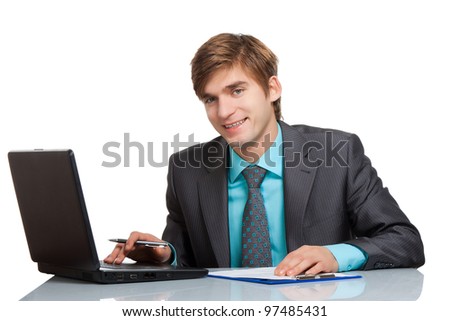 businessman working on laptop, using computer, handsome young business man happy smile sitting at the desk, wear elegant suit and tie isolated over white background