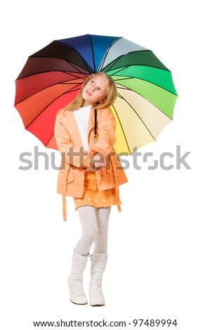 Girl with colorful umbrella isolated on white background
