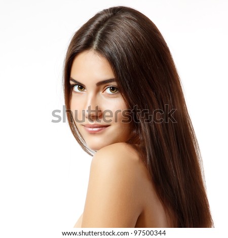 teen girl cheerful enjoying beauty portrait with beautiful bright brown long hair isolated on white background